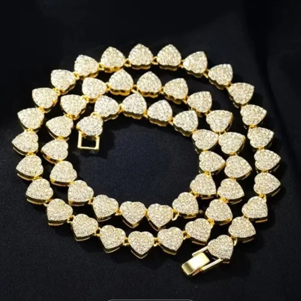 Gold Plated Heart Crystal Necklace Paved, Ice Out, Bling, Choker - Picture 10 of 14